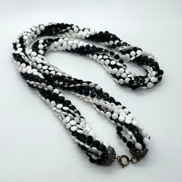 Estate Jewelry - Vintage Multi-Strand Black White Necklace 1970s Acrylic Bead Torsade Statement